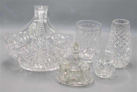 Collection of cut glass tableware, inc decanters, bowls, fruit basket, vases etc (some faults)